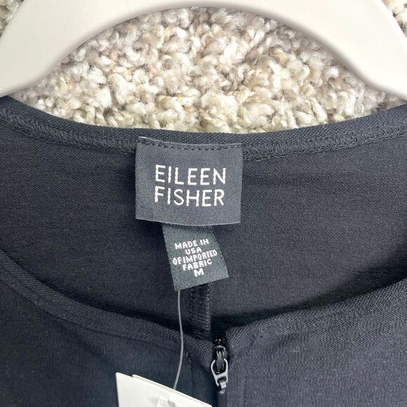 Eileen Fisher Jacket Women’s M Black Washable Stretch Crepe 3/4 Sleeve Full Zip - Picture 2 of 7